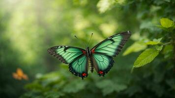 Nature background with a beautiful flying butterfly with green forest AI Generative photo