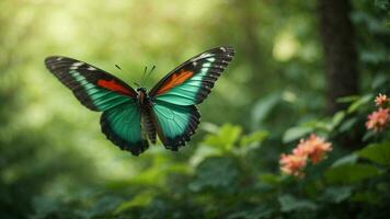 Nature background with a beautiful flying butterfly with green forest AI Generative photo