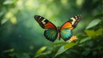 Nature background with a beautiful flying butterfly with green forest AI Generative photo