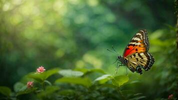 Nature background with a beautiful flying butterfly with green forest AI Generative photo