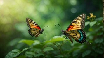 naturaleza antecedentes con un hermosa volador mariposa con verde bosque ai generativo foto