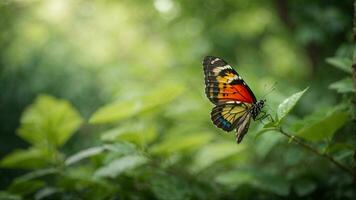 Nature background with a beautiful flying butterfly with green forest AI Generative photo