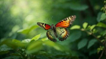 Nature background with a beautiful flying butterfly with green forest AI Generative photo