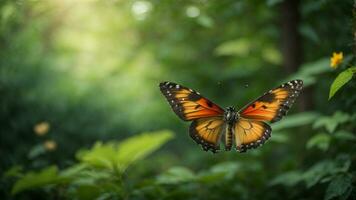 Nature background with a beautiful flying butterfly with green forest AI Generative photo