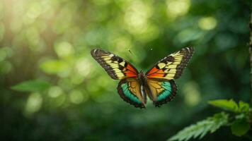 Nature background with a beautiful flying butterfly with green forest AI Generative photo