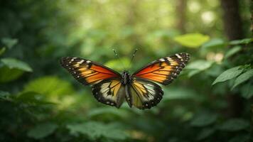 Nature background with a beautiful flying butterfly with green forest AI Generative photo