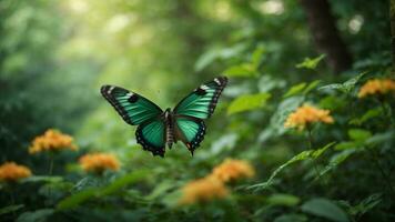 Nature background with a beautiful flying butterfly with green forest AI Generative photo