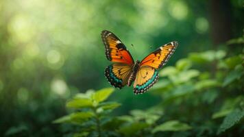 Nature background with a beautiful flying butterfly with green forest AI Generative photo