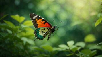 Nature background with a beautiful flying butterfly with green forest AI Generative photo