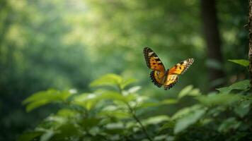 Nature background with a beautiful flying butterfly with green forest AI Generative photo