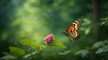 Nature background with a beautiful flying butterfly with green forest AI Generative photo