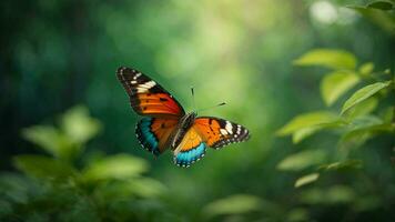 Nature background with a beautiful flying butterfly with green forest AI Generative photo