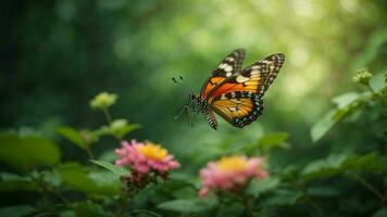 Nature background with a beautiful flying butterfly with green forest AI Generative photo