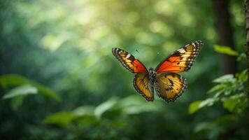 Nature background with a beautiful flying butterfly with green forest AI Generative photo