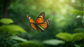 Nature background with a beautiful flying butterfly with green forest AI Generative photo