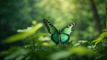 Nature background with a beautiful flying butterfly with green forest AI Generative photo