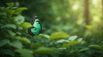 Nature background with a beautiful flying butterfly with green forest AI Generative photo