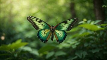 Nature background with a beautiful flying butterfly with green forest AI Generative photo