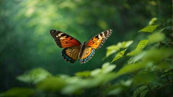 Nature background with a beautiful flying butterfly with green forest AI Generative photo