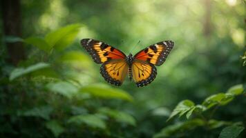 Nature background with a beautiful flying butterfly with green forest AI Generative photo