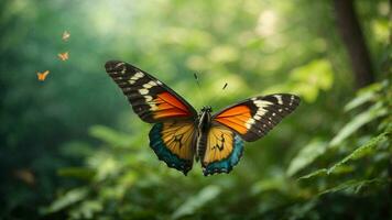 Nature background with a beautiful flying butterfly with green forest AI Generative photo