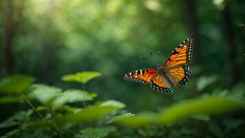 Nature background with a beautiful flying butterfly with green forest AI Generative photo