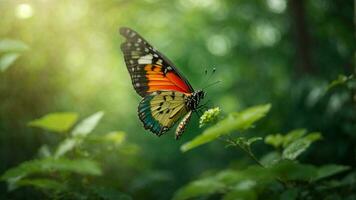 Nature background with a beautiful flying butterfly with green forest AI Generative photo