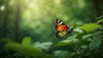 Nature background with a beautiful flying butterfly with green forest AI Generative photo