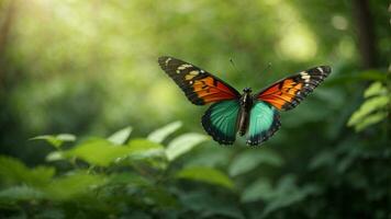 Nature background with a beautiful flying butterfly with green forest AI Generative photo