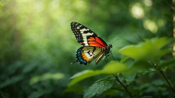 Nature background with a beautiful flying butterfly with green forest AI Generative photo