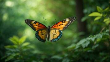 Nature background with a beautiful flying butterfly with green forest AI Generative photo