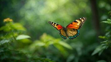 Nature background with a beautiful flying butterfly with green forest AI Generative photo