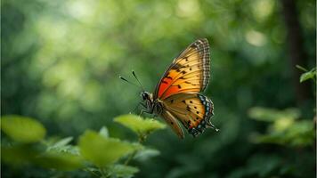 naturaleza antecedentes con un hermosa volador mariposa con verde bosque ai generativo foto