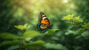 Nature background with a beautiful flying butterfly with green forest AI Generative photo