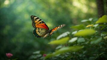 Nature background with a beautiful flying butterfly with green forest AI Generative photo