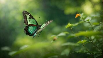 Nature background with a beautiful flying butterfly with green forest AI Generative photo