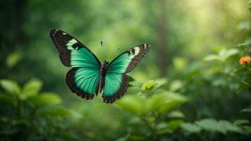 Nature background with a beautiful flying butterfly with green forest AI Generative photo