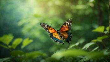 Nature background with a beautiful flying butterfly with green forest AI Generative photo