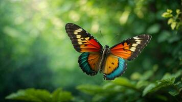 Nature background with a beautiful flying butterfly with green forest AI Generative photo