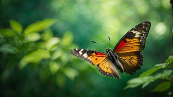 Nature background with a beautiful flying butterfly with green forest AI Generative photo