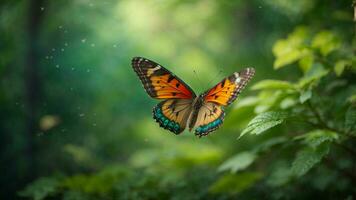 Nature background with a beautiful flying butterfly with green forest AI Generative photo