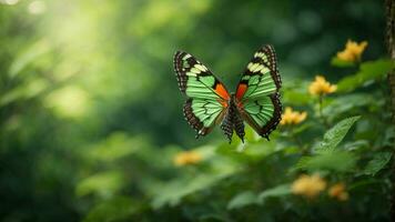 Nature background with a beautiful flying butterfly with green forest AI Generative photo