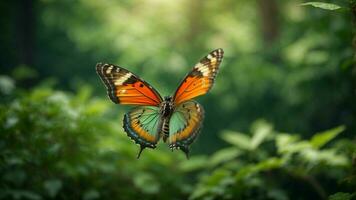 Nature background with a beautiful flying butterfly with green forest AI Generative photo