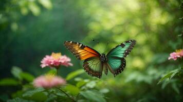 Nature background with a beautiful flying butterfly with green forest AI Generative photo