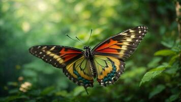 Nature background with a beautiful flying butterfly with green forest AI Generative photo