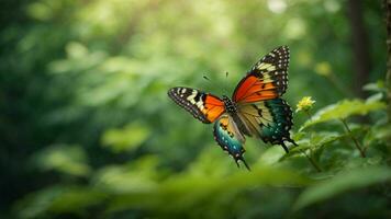 naturaleza antecedentes con un hermosa volador mariposa con verde bosque ai generativo foto