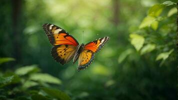 Nature background with a beautiful flying butterfly with green forest AI Generative photo