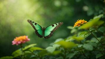 Nature background with a beautiful flying butterfly with green forest AI Generative photo