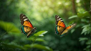 Nature background with a beautiful flying butterfly with green forest AI Generative photo