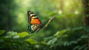 Nature background with a beautiful flying butterfly with green forest AI Generative photo